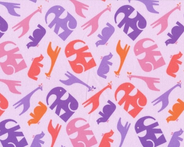 Baumwollflanell "Menagerie" mit Elefant, Nashorn und Giraffe, rosa-lila