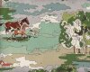 Patchworkstoff PUREBRED, Landschaft mit Pferden und Zahlen, mintgrün-braun, Moda Fabrics