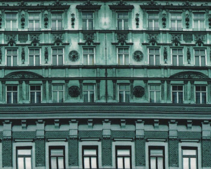 1,40-m-Rapport Italienischer Designer Seidenstoff, Crepe de Chine PALAZZO, Häuser-Fassaden, dunkles türkisgrün