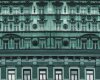 1,40-m-Rapport Italienischer Designer Seidenstoff, Crepe de Chine PALAZZO, Häuser-Fassaden, dunkles türkisgrün