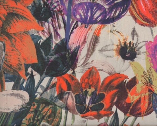 1,15-m-Paneel Seiden-Baumwollmischung mit leichtem Glanz Orvieto mit Tulpenwiese, orange-lila