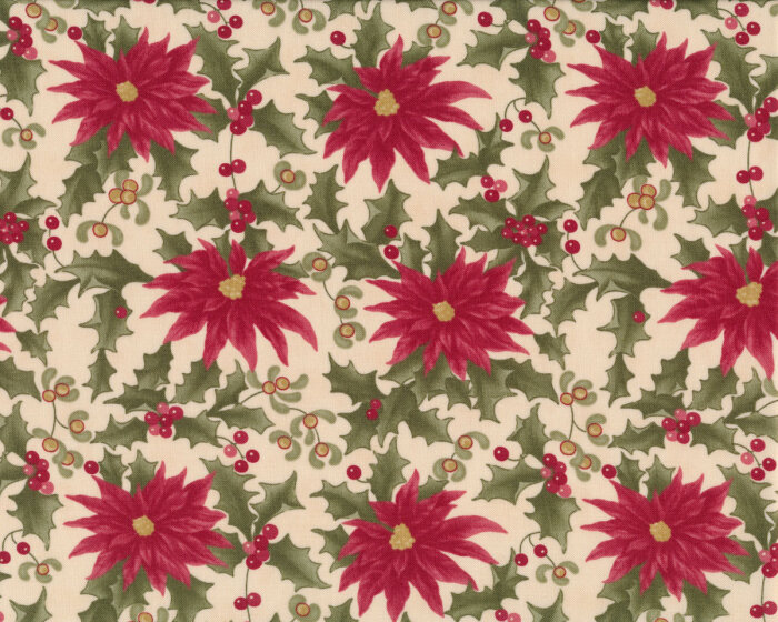 Patchworkstoff UNDER THE MISTLETOE, Weihnachtsstern und Ilex, hellbeige-dunkelrot, Moda Fabrics