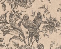 Englischer Leinen-Dekostoff Clarke & Clarke PROVENCE, Ornamentblüten mit Papageien, natur-schwarz