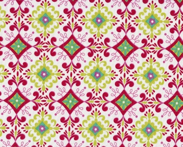 Patchworkstoff "Love & Joy" mit Kreis-Ornament-Muster mit Viereck-Blüten, weiß-helles limette-dunkelrot