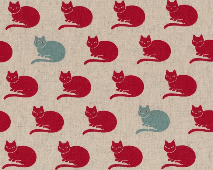 Baumwoll-Leinen-Patchworkstoff NECO, sitzende Katzen, natur-rot, Moda Fabrics