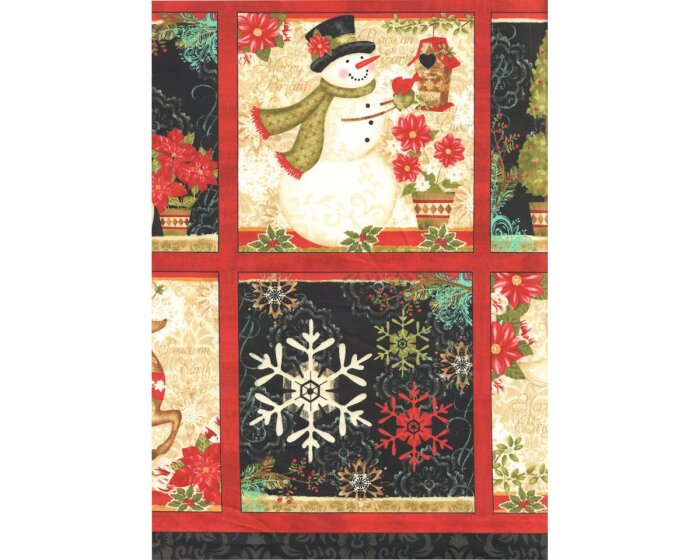 60-cm-Rapport Patchworkstoff WINTER BLISS, weihnachtliche Bildfelder mit Schneemännern, dunkelrot-helles olive