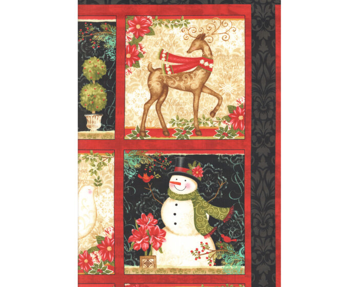 60-cm-Rapport Patchworkstoff WINTER BLISS, weihnachtliche Bildfelder mit Schneemännern, dunkelrot-helles olive