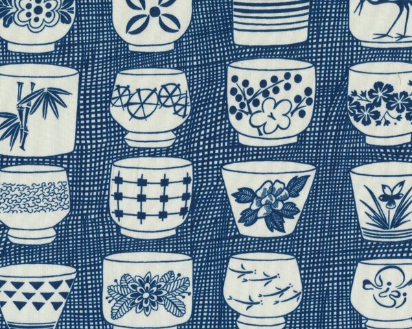 Patchworkstoff "Genmai Tea Cup" mit asiatischen Teetassen, gedecktes blau-wollweiß