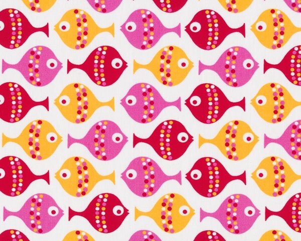 Baumwollstoff KIDS FISH, Fischlein, dunkelrot-gelb