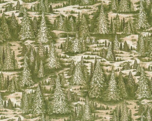 Patchworkstoff CHRISTMAS IN THE WOODS mit Tannenwald, olivegrün-hellbeige