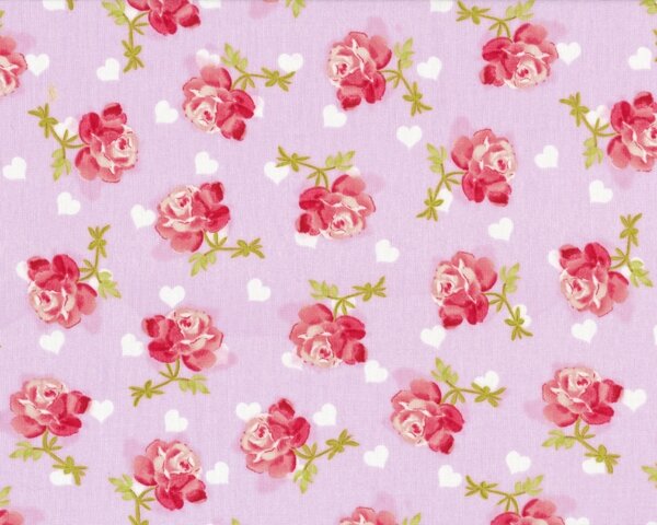 Patchworkstoff Love in Bloom mit Rosen und Herzen, rosa-rot