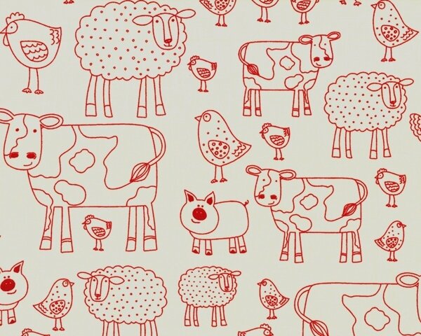 Patchworkstoff "Farm" mit Bauernhof-Tieren, natur-dunkelrot