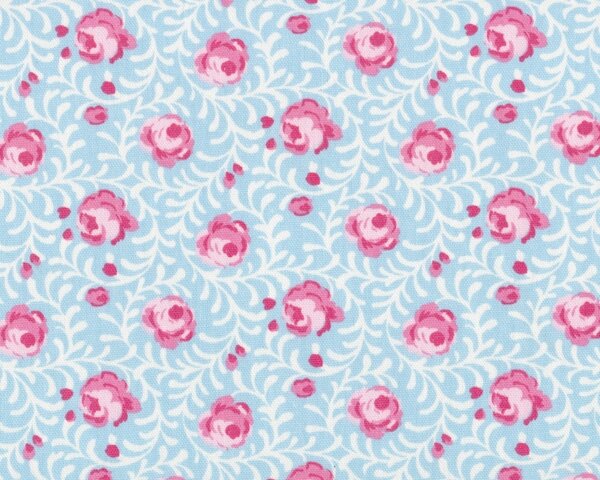 Englischer Dekostoff Clarke & Clarke "Rosetta Noella", Rosen mit feinen Blatt-Ranken, pink-hellblau