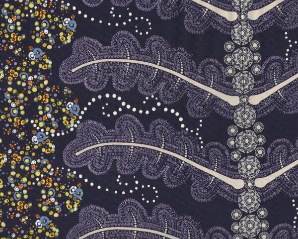 Patchworkstoff "Ruby", Längs-Bordüren-Streifen mit Tupfen und Ornament-Federn, dunkelblau-lila