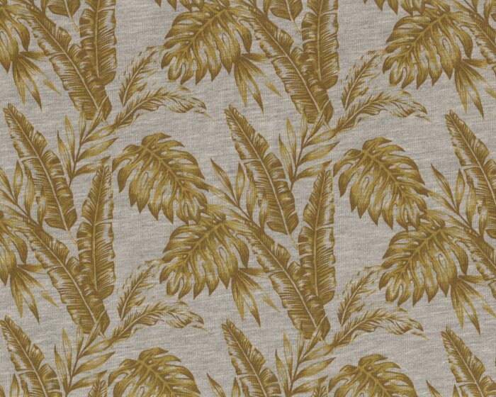 Leichter Sweatstoff PALMOU, Palmenblätter, grau meliert-olivgrün