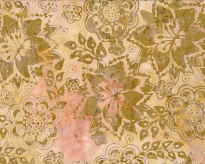 Batik-Patchworkstoff STICKS & STONES BATIKS, Ornamentblüten, gelbolive-lachsrosa, Moda Fabrics