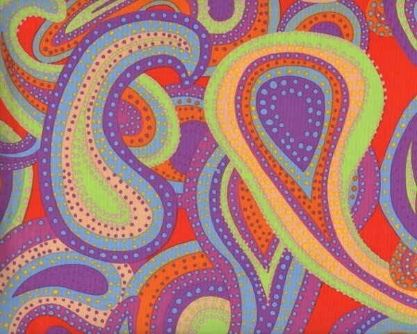 Patchworkstoff "Dancing Paisley" mit großen Punkte-Paisleys, lila-hellgrün-hellrot