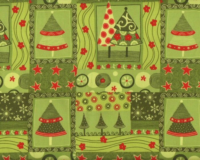 30-cm-Rapport Patchworkstoff FROSTY SEASON mit Weihnachtsbäumen, dunkles grasgrün-rot