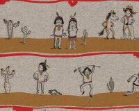 Bio Baumwolljersey mit Elasthan INDIANERLEBEN, Streifen mit lustigen Indianern, grau meliert-goldbraun
