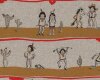 Bio Baumwolljersey mit Elasthan INDIANERLEBEN, Streifen mit lustigen Indianern, grau meliert-goldbraun