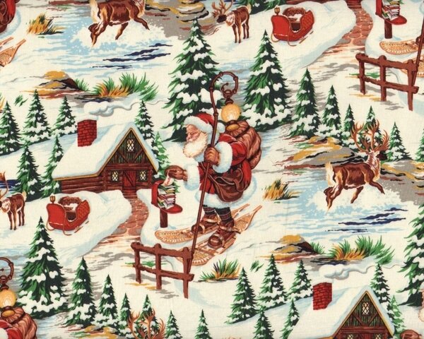 Patchworkstoff CHRISTMAS TIME, Weihnachtsmann auf Ski, rotbraun-tannengrün