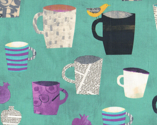 Patchworkstoff COLLAGE mit bunten Comic-Tassen, kräftiges türkis-lila-anthrazit