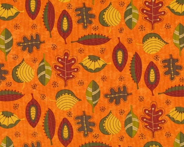 Patchworkstoff HELLO FALL, Comic-Herbstblätter, orange-moosgrün, Moda Fabrics