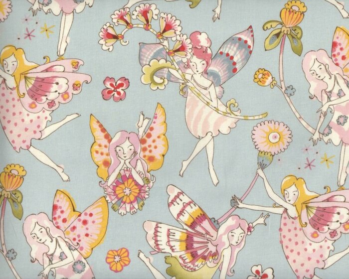 Patchworkstoff FLOWER FAIRIES, Blumen-Feen, gedecktes hellblau-hellrosa