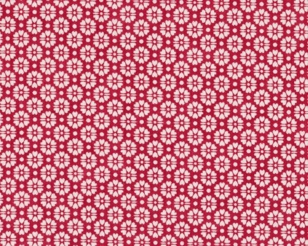 Patchworkstoff Quilters Basic, kleine Ornamentblüten im Punktegitter, rot-gebrochenes weiß