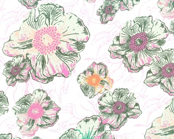 Feiner Popeline-Patchworkstoff "Hyperreal Garden" mit großen Anemonen, dunkelgrün-altrosa