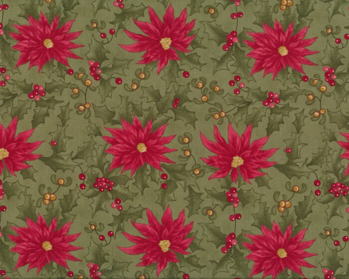 Patchworkstoff UNDER THE MISTLETOE, Weihnachtsstern und Ilex, olive-dunkelrot, Moda Fabrics