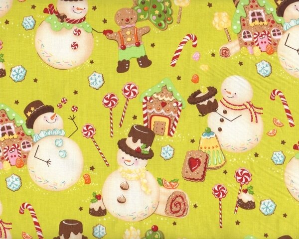 Patchworkstoff CHRISTMAS TIME mit Lebkuchen und Schneemännern, limette-dunkelrot-braun