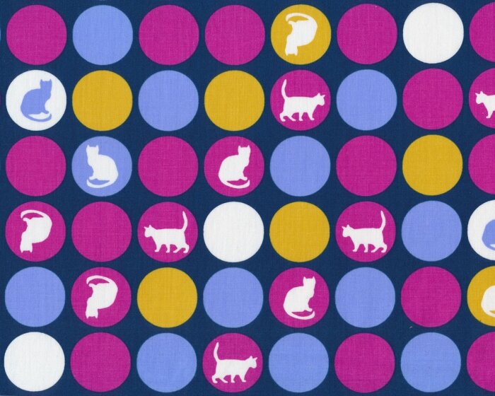 Patchworkstoff SITTING PRETTY, Katzen im Kreis, dunkelblau-fuchsialila