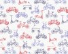 Patchworkstoff "Children at play" mit Kinder-Fahrrädern, Laufrädern und Bollerwagen, wollweiß-blau-rot