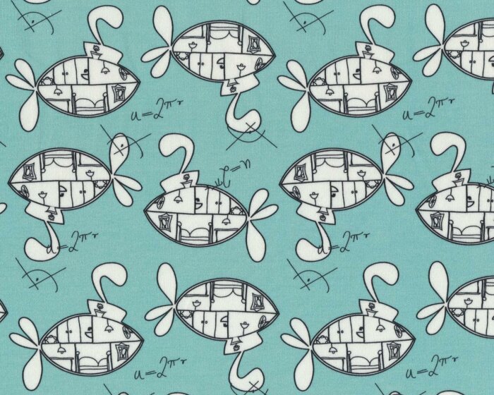 Baumwolljersey mit Elasthan SUBMARIN, möblierte U-Boote, mintgrün-weiß