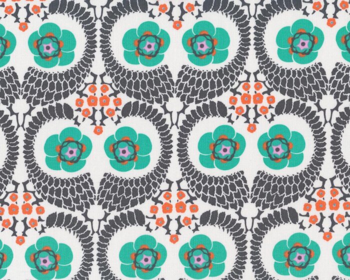 Patchworkstoff VIOLETTE FRENCH, Blüten-Augen, jadegrün-aprikot