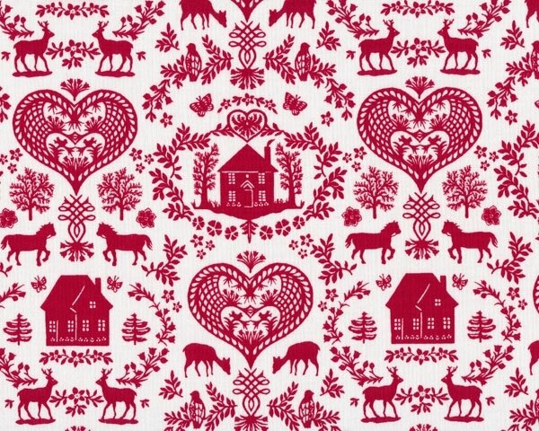 Patchworkstoff SIMPLE PLEASURES mit Häusern und Herzen, rot, Northcott