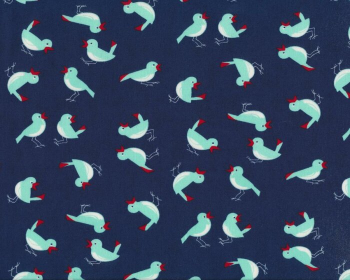 Patchworkstoff VINTAGE PICNIC, zwitschernde Vögel, gedecktes dunkelblau-helles mintgrün, Moda Fabrics