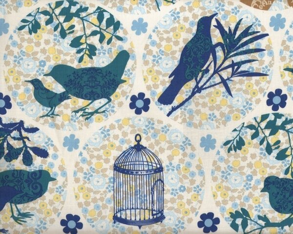 Patchworkstoff "Perch" mit romantischen, floralen Vogelkreisen, petrol-blau