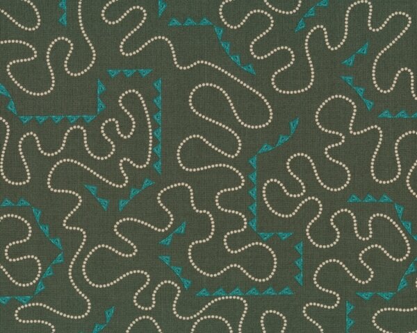 Patchworkstoff "Temple" mit Punktelinien und Zackenbändern, moosgrün-petrol
