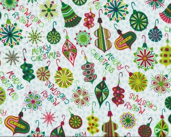 Patchworkstoff "Merry Christmas" mit Weihnachtsbaum-Anhängern, grün-hellgrün-altrosa