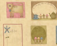 60-cm-Rapport Patchworkstoff "My Favorite Things", Etiketten mit Katzen, Tassen und Mode, helles olive