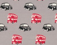 Patchworkstoff VERY BRITISH, Bus und Taxi, rot-schwarz