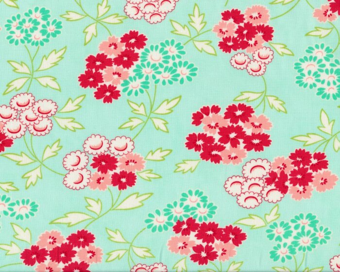 Patchworkstoff HELLO DARLING, Blumen-Ranken, mintgrün-rot, Moda Fabrics