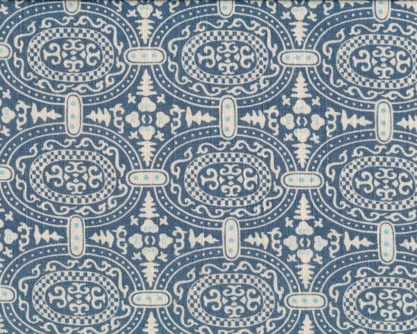 Schwerer Viskose-Leinen-Stoff "Alchemy" mit ovalen Ornamenten, blaugrau-natur