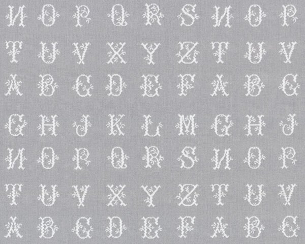 Baumwollstoff BARON, Stick-Buchstaben, hellgrau-weiß