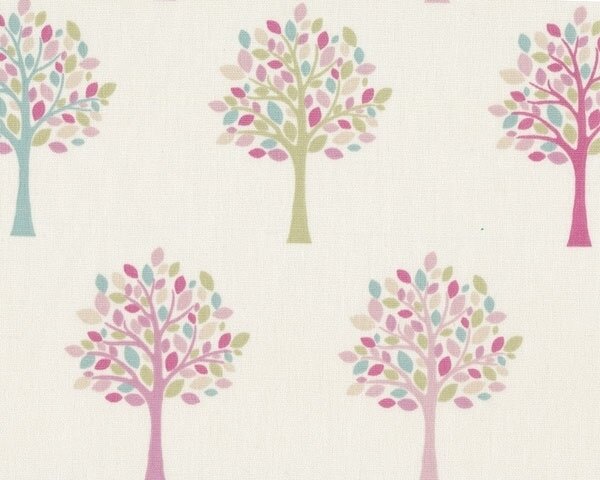Englischer Dekostoff Clarke & Clarke ORCHARD, Obstbäume, helles türkis-gedecktes pink