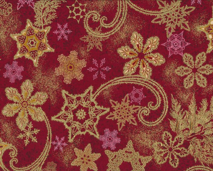 Metallic-Patchworkstoff HOLIDAY FLOURISH, Eiskristall-Zauber, weinrot-gold metallic