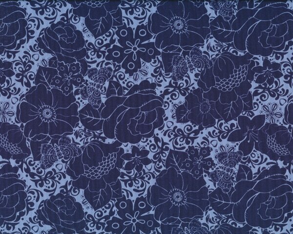 Patchworkstoff MINT TO BE, Rosen und Schmetterlinge, dunkelblau