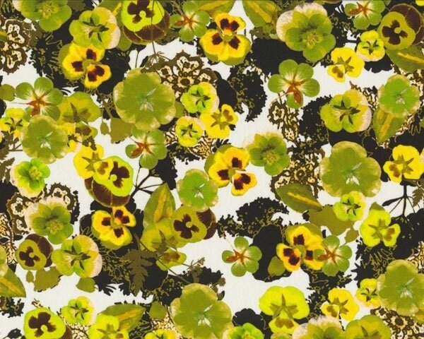 Seidenstoff Crepe de Chine aus Italien VIOLETTA, Stiefmütterchen, hellgrün-gelb